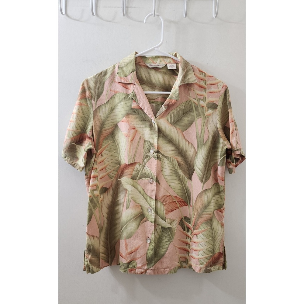 Tommy Bahama Womens Small Silk Tropical Leaf Print Button Down Camp Shirt Peach